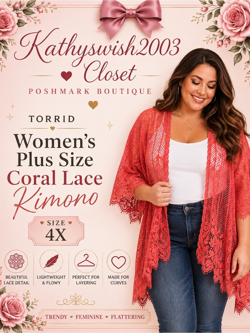 Torrid Women’s Plus Size Coral Lace Kimono 4X